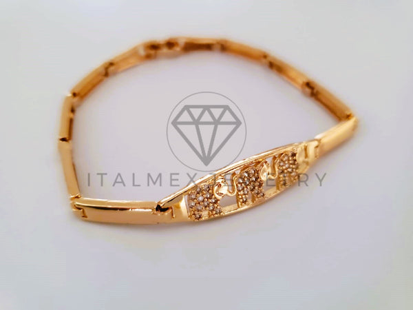 Pulsera de Lujo - 104379 - Diseño Placa Elefantes CZ Clara Oro Laminado 18K