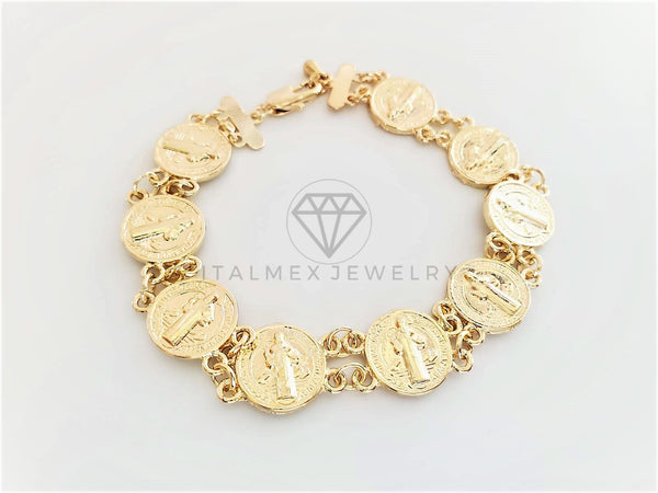 Pulsera de Lujo - 102849 - Diseño Moneda San Benito Dorada Oro Laminado 18K