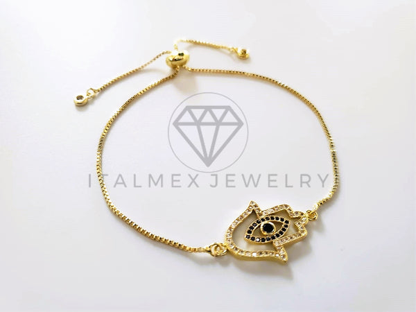 Pulsera de Lujo - 103722 - Diseño Ajustable Mano Hamsa CZ Azul Oro Laminado 18K