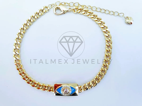 Pulsera Elegante - 103601 - Pulsera Placa Ojo Turco Azul Cielo con Circonia Oro Laminado 18K