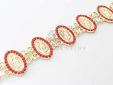 Pulsera de Lujo - 100207 - Diseño de Moneda de la Virgen de Guadalupe Con CZ Roja Oro Laminado 18K