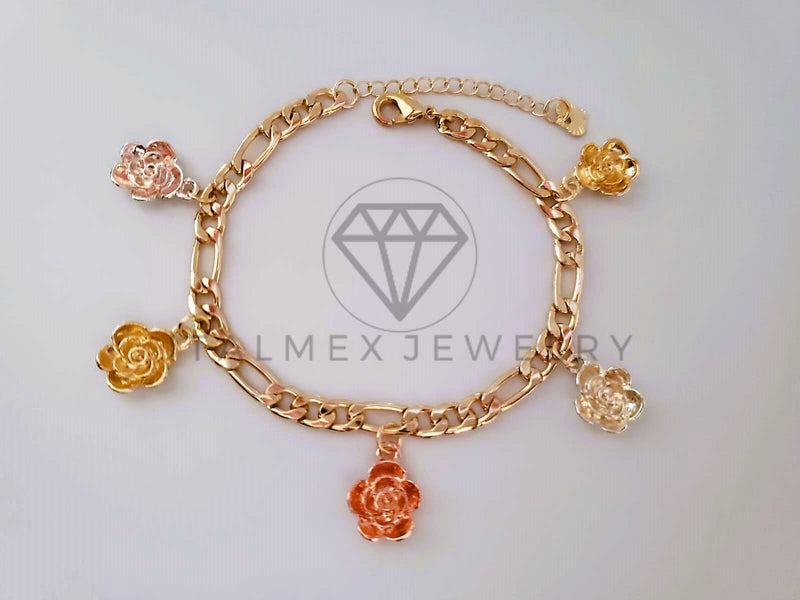 Pulsera Elegante - 104477 - Diseño con Flores 3 Tonos Oro Laminado 18K