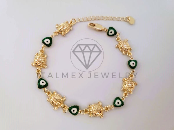 Pulsera Elegante - 104489 - Pulsera Tortugas y Corazon Ojo Turco Verde Oro Laminado 18K