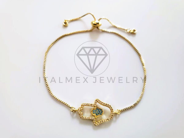 Pulsera de Lujo - 103725 - Diseño Ajustable Mano Hamsa CZ Azul Oro Laminado 18K