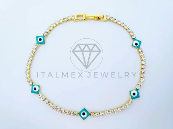 Pulsera Elegante - 103575 - Pulsera Tira CZ Clara y Ojo Turco Azul Oro Laminado 18K