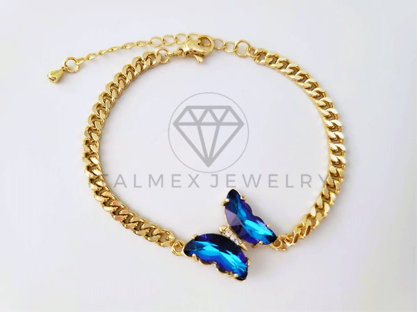 Pulsera de Lujo - 103958 - Diseño Cubana con Mariposa CZ Azul Oro Laminado 18K