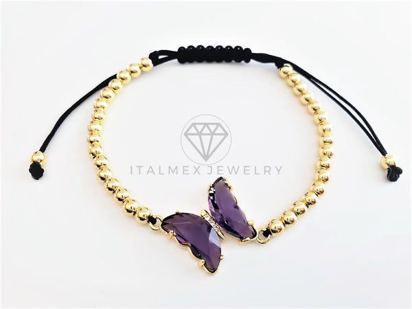 Pulsera de Lujo - 103184 - Diseño Bolitas con Mariposa CZ Morado Oro Laminado 18K