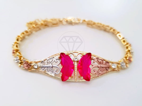 Pulsera Elegante - 103974 - Esclava 3 Oros Mariposa CZ Rosa Vivo Oro Laminado 18K