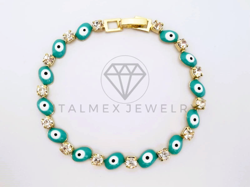 Pulsera Elegante - 103564 - Pulsera Ojo Turco Azul y Circonia Clara Oro Laminado 18K